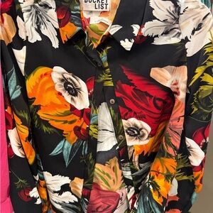 BUCKETLIST Black Button-Down Blouse with Red, Orange & White Floral Print